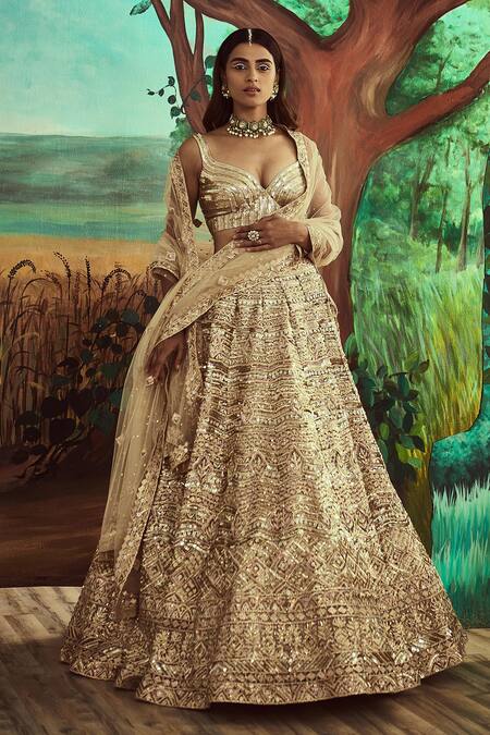 Buy Angad Singh Gold Dupatta Net, Lehenga And Blouse Organza Embroidered Trail Bridal Set Online at Aza Fashions Buy_Angad Singh_Gold Dupatta Net, Lehenga And Blouse Organza Embroidered Trail Bridal Set _Online_at_Aza_Fashions