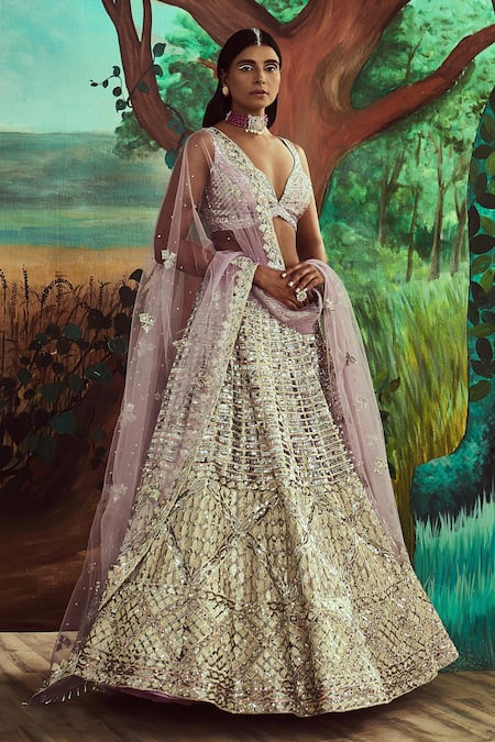 Angad Singh Purple Net Gota, Sequins, Crystals, Bugle Beads Embroidered Bridal Lehenga Set 