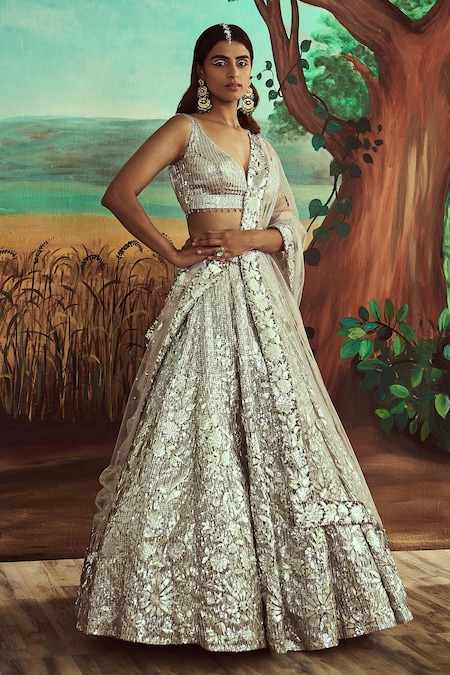 Buy Ivory Mirror and cutdana Embroidered Metallic Tissue Lehenga Set by  SHAVETA & ANUJ at Ogaan Online Shopping Site