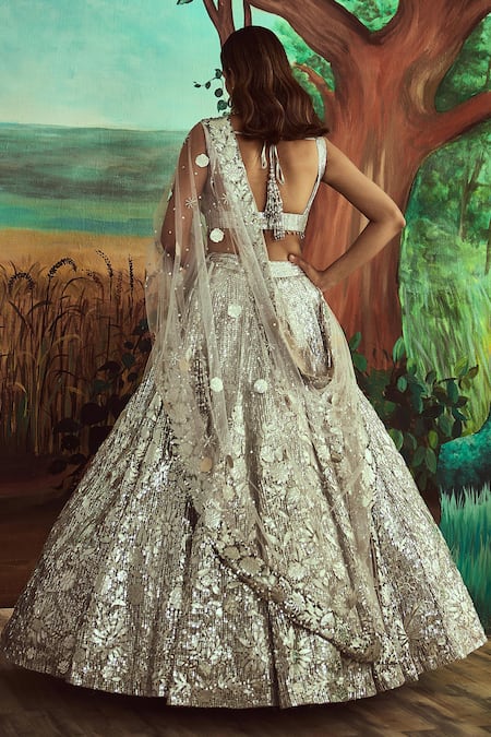 Shop Angad Singh Silver Dupatta Net, Lehenga And Blouse Organza Metallic Embroidered Bridal Set at Aza Fashions Shop_Angad Singh_Silver Dupatta Net, Lehenga And Blouse Organza Metallic Embroidered Bridal Set _at_Aza_Fashions