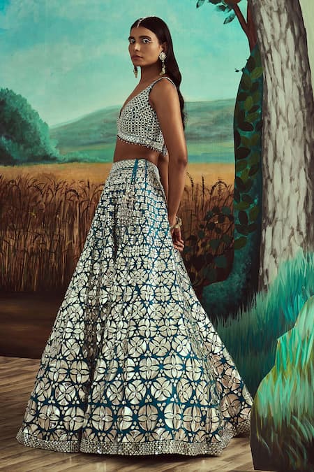 Angad Singh Blue Dupatta Net, Lehenga And Blouse Organza Leather, Embroidered Bridal Set Online at Aza Fashions Angad Singh_Blue Dupatta Net, Lehenga And Blouse Organza Leather, Embroidered Bridal Set _Online_at_Aza_Fashions