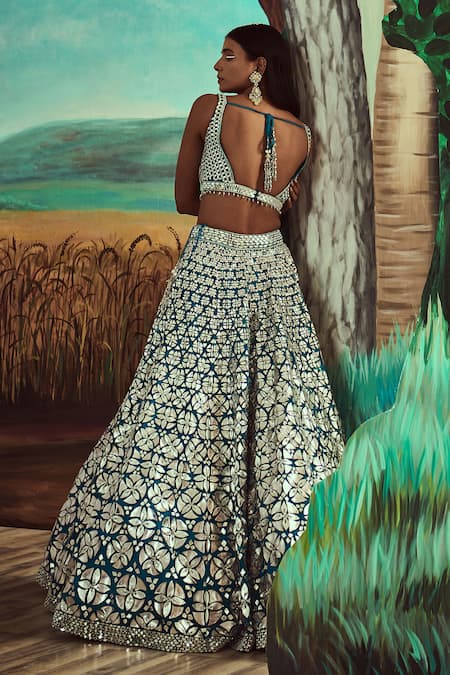 Shop Angad Singh Blue Dupatta Net, Lehenga And Blouse Organza Leather, Embroidered Bridal Set at Aza Fashions Shop_Angad Singh_Blue Dupatta Net, Lehenga And Blouse Organza Leather, Embroidered Bridal Set _at_Aza_Fashions