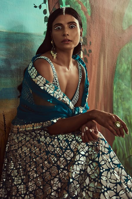 Shop Angad Singh Blue Dupatta Net, Lehenga And Blouse Organza Leather, Embroidered Bridal Set Online at Aza Fashions Shop_Angad Singh_Blue Dupatta Net, Lehenga And Blouse Organza Leather, Embroidered Bridal Set _Online_at_Aza_Fashions