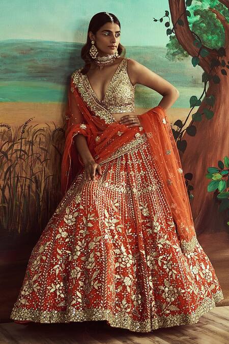Shop Angad Singh Orange Dupatta Net, Lehenga And Blouse Organza Floral Embroidered Bridal Set Online at Aza Fashions Shop_Angad Singh_Orange Dupatta Net, Lehenga And Blouse Organza Floral Embroidered Bridal Set _Online_at_Aza_Fashions