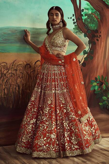 Angad Singh Orange Dupatta Net, Lehenga And Blouse Organza Floral Embroidered Bridal Set Online at Aza Fashions Angad Singh_Orange Dupatta Net, Lehenga And Blouse Organza Floral Embroidered Bridal Set _Online_at_Aza_Fashions