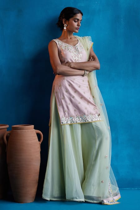 Angad Singh_Peach Dupatta- Net, Kurta- Raw Silk, Sharara- Organza Mirror, Embroidered Set _Online_at_Aza_Fashions