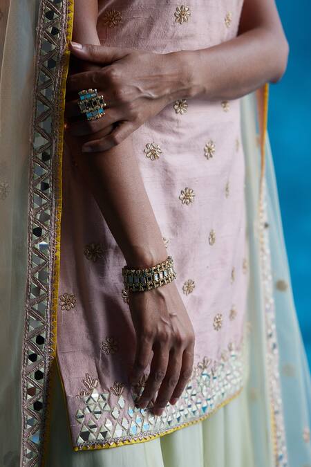 Shop_Angad Singh_Peach Dupatta- Net, Kurta- Raw Silk, Sharara- Organza Mirror, Embroidered Set _Online_at_Aza_Fashions