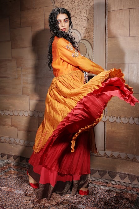 Neeta Bhargava_Red Handwoven Cotton Silk And Tissue  Lining Embellished Kurta & Skirt Set _Online_at_Aza_Fashions