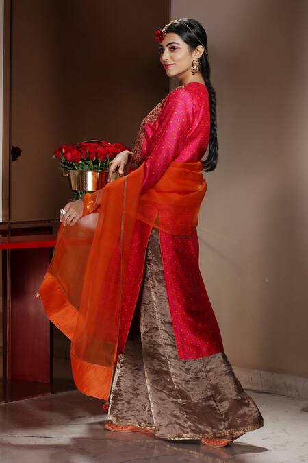Neeta Bhargava_Brown Handwoven Cotton Silk, Organza And Embellished Kurta & Palazzo Pant Set _Online_at_Aza_Fashions