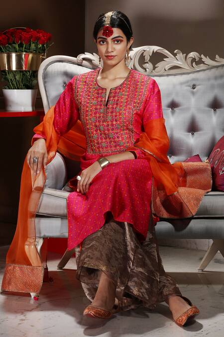 Buy_Neeta Bhargava_Brown Handwoven Cotton Silk, Organza And Embellished Kurta & Palazzo Pant Set _Online_at_Aza_Fashions