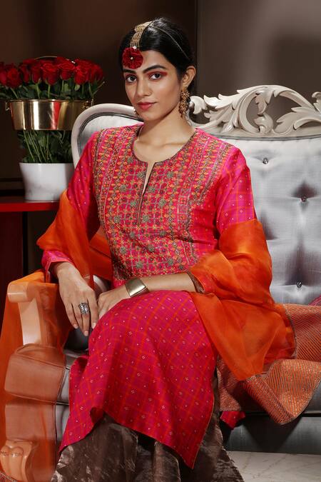 Shop_Neeta Bhargava_Brown Handwoven Cotton Silk, Organza And Embellished Kurta & Palazzo Pant Set _Online_at_Aza_Fashions