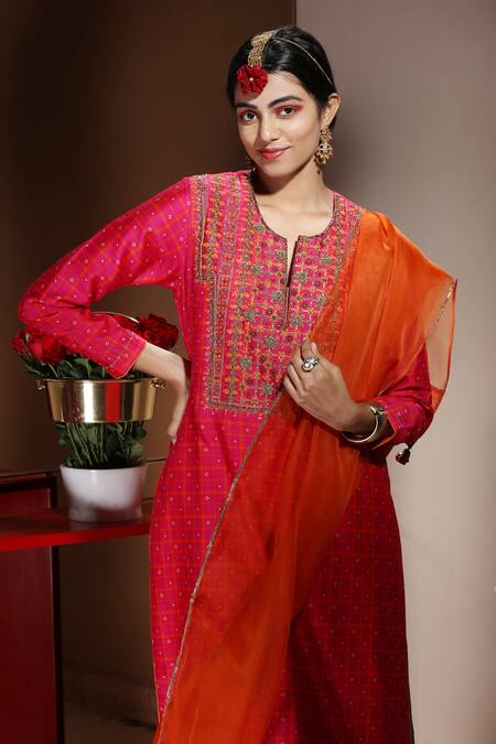 Neeta Bhargava_Brown Handwoven Cotton Silk, Organza And Embellished Kurta & Palazzo Pant Set _at_Aza_Fashions