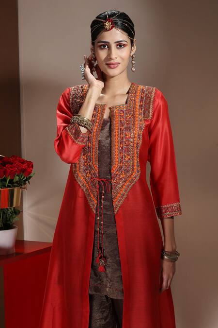 Neeta Bhargava_Red Handwoven Cotton Silk, Organza And Tissue Embellished Jacket & Pant Set _Online_at_Aza_Fashions