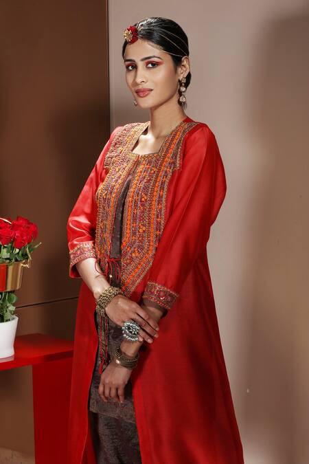 Buy_Neeta Bhargava_Red Handwoven Cotton Silk, Organza And Tissue Embellished Jacket & Pant Set _Online_at_Aza_Fashions