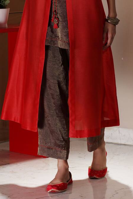Shop_Neeta Bhargava_Red Handwoven Cotton Silk, Organza And Tissue Embellished Jacket & Pant Set _Online_at_Aza_Fashions