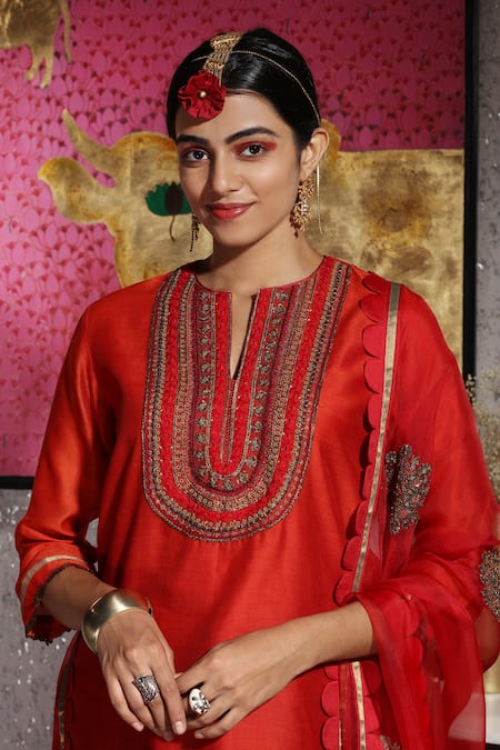 Shop_Neeta Bhargava_Orange Handwoven Cotton Silk And Organza Notched Embellished Kurta & Gharara Set _Online_at_Aza_Fashions