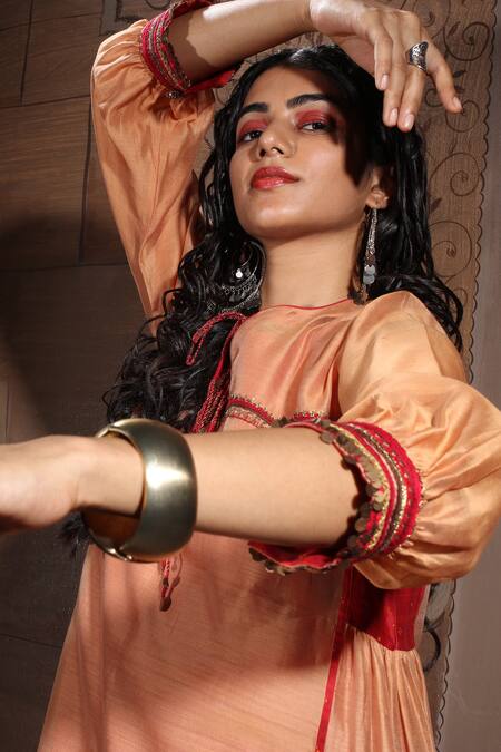 Shop_Neeta Bhargava_Red Handwoven Silk Lining Round Embellished Kurta And Pant Set _Online_at_Aza_Fashions