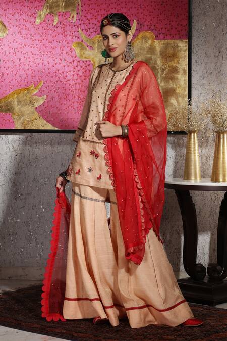 Neeta Bhargava Red Tissue And Organza Round Embellished Kurta & Sharara Set Online at Aza Fashions Neeta Bhargava_Red Tissue And Organza Round Embellished Kurta & Sharara Set _Online_at_Aza_Fashions