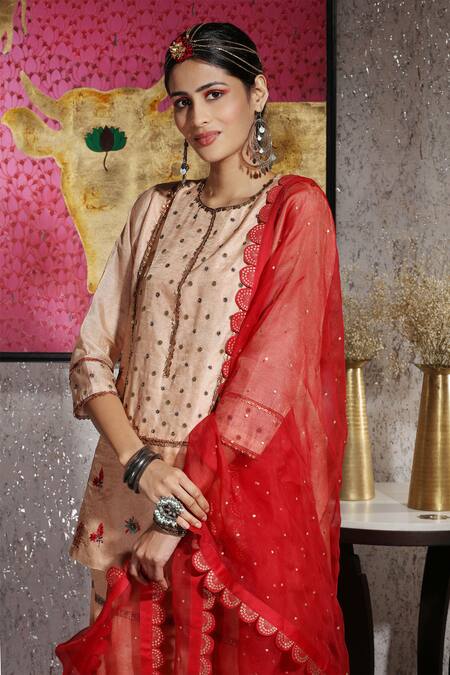 Neeta Bhargava Red Tissue And Organza Round Embellished Kurta & Sharara Set at Aza Fashions Neeta Bhargava_Red Tissue And Organza Round Embellished Kurta & Sharara Set _at_Aza_Fashions