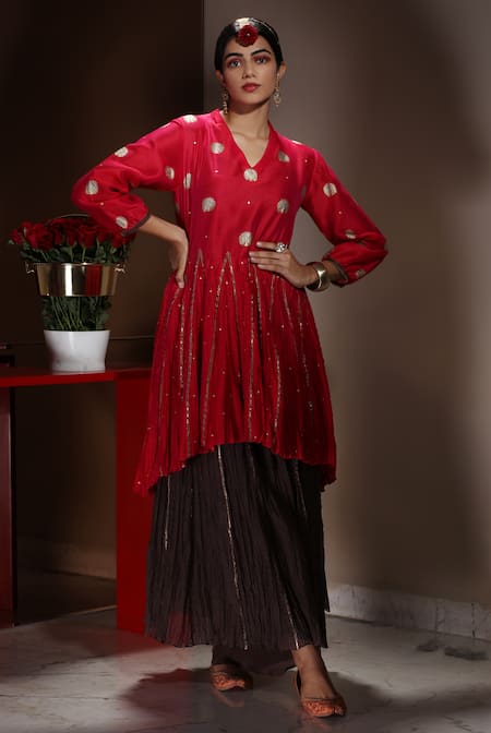 Buy Neeta Bhargava Red Handwoven Cotton Silk And Tissue Notched Embroidered Kurta & Palazzo Pant Set Online at Aza Fashions Buy_Neeta Bhargava_Red Handwoven Cotton Silk And Tissue Notched Embroidered Kurta & Palazzo Pant Set _Online_at_Aza_Fashions