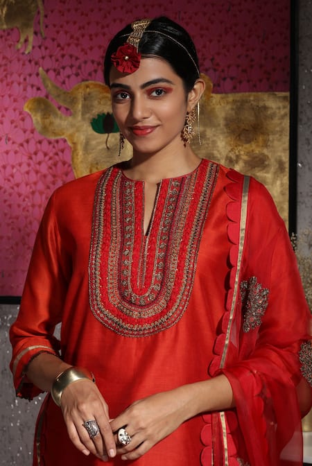 Shop_Neeta Bhargava_Red Handwoven Cotton Silk And Tissue Notched Embroidered Kurta & Palazzo Pant Set _Online_at_Aza_Fashions