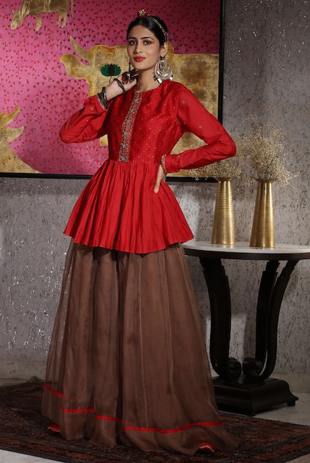 Classic Red Palazzo Pant Set with Hand-Embroidered Top - Seasons India