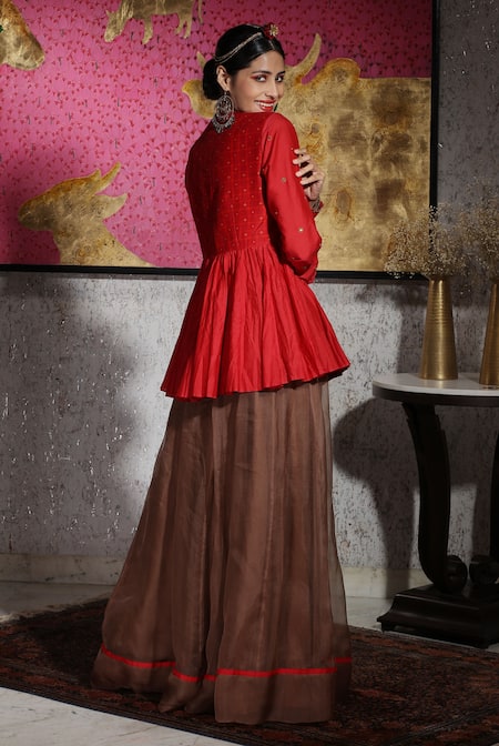 Shop Neeta Bhargava Red Handwoven Cotton Silk And Organza Lining Peplum Top & Palazzo Pant Set at Aza Fashions Shop_Neeta Bhargava_Red Handwoven Cotton Silk And Organza Lining Peplum Top & Palazzo Pant Set _at_Aza_Fashions
