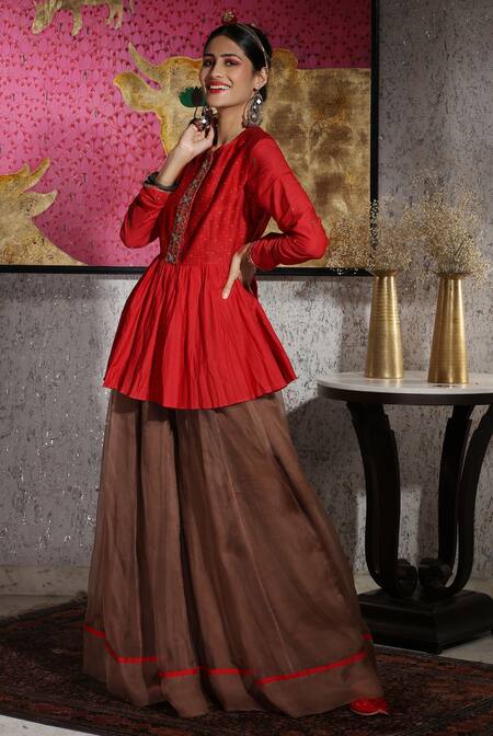 Neeta Bhargava Red Handwoven Cotton Silk And Organza Lining Peplum Top & Palazzo Pant Set Online at Aza Fashions Neeta Bhargava_Red Handwoven Cotton Silk And Organza Lining Peplum Top & Palazzo Pant Set _Online_at_Aza_Fashions