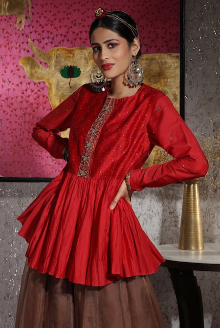 Buy Neeta Bhargava Red Handwoven Cotton Silk And Organza Lining Peplum Top & Palazzo Pant Set Online at Aza Fashions Buy_Neeta Bhargava_Red Handwoven Cotton Silk And Organza Lining Peplum Top & Palazzo Pant Set _Online_at_Aza_Fashions
