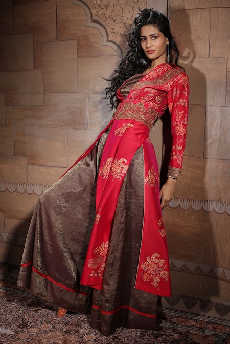 Neeta Bhargava Brown Handwoven Cotton Silk And Tissue Embroidered Jacket Kurta & Palazzo Pant Set Online at Aza Fashions Neeta Bhargava_Brown Handwoven Cotton Silk And Tissue Embroidered Jacket Kurta & Palazzo Pant Set _Online_at_Aza_Fashions