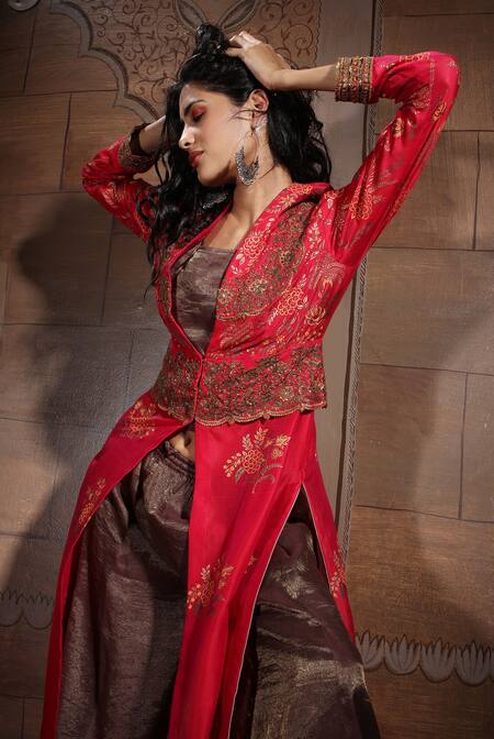 Buy Neeta Bhargava Brown Handwoven Cotton Silk And Tissue Embroidered Jacket Kurta & Palazzo Pant Set Online at Aza Fashions Buy_Neeta Bhargava_Brown Handwoven Cotton Silk And Tissue Embroidered Jacket Kurta & Palazzo Pant Set _Online_at_Aza_Fashions