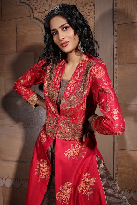 Shop Neeta Bhargava Brown Handwoven Cotton Silk And Tissue Embroidered Jacket Kurta & Palazzo Pant Set Online at Aza Fashions Shop_Neeta Bhargava_Brown Handwoven Cotton Silk And Tissue Embroidered Jacket Kurta & Palazzo Pant Set _Online_at_Aza_Fashions