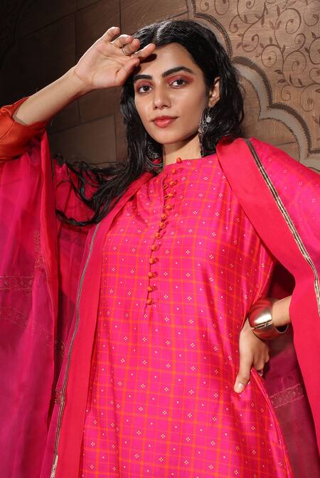 Shop_Neeta Bhargava_Brown Chanderi, Handwoven Cotton Silk, Organza And Tissue Round Kurta Set _Online_at_Aza_Fashions