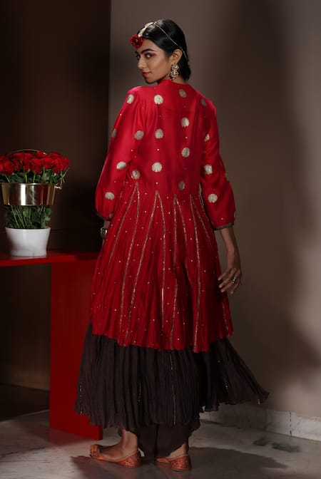 Shop_Neeta Bhargava_Brown Handwoven Chanderi Fabric Lining Cotton V Neck Kurta And Skirt Set _at_Aza_Fashions