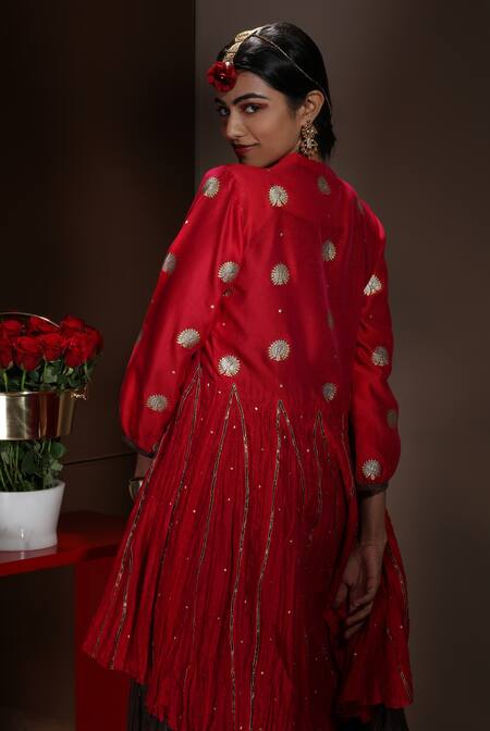 Buy_Neeta Bhargava_Brown Handwoven Chanderi Fabric Lining Cotton V Neck Kurta And Skirt Set _Online_at_Aza_Fashions