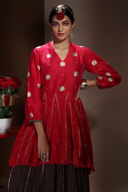 Shop_Neeta Bhargava_Brown Handwoven Chanderi Fabric Lining Cotton V Neck Kurta And Skirt Set _Online_at_Aza_Fashions