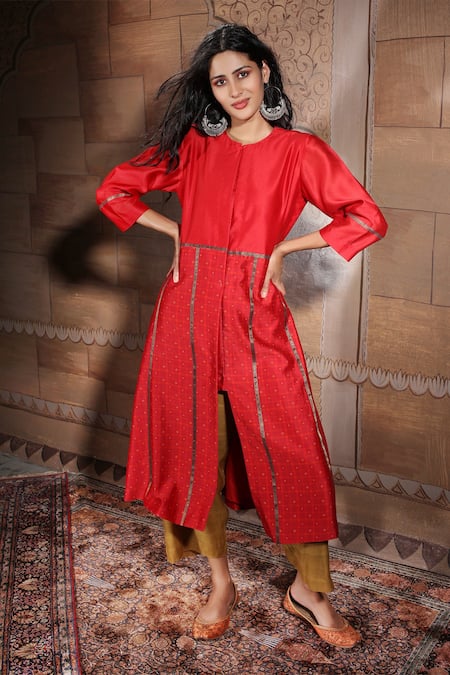 Buy_Neeta Bhargava_Gold Handwoven Chanderi And Tissue Round Kurta Set _Online_at_Aza_Fashions