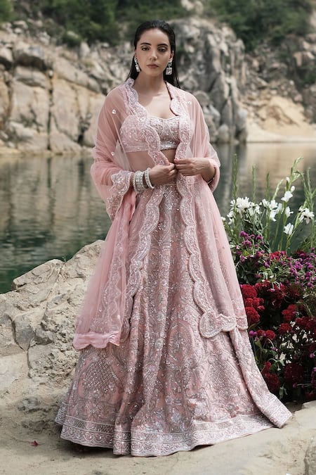 Rajbinder Chahal Pink Blouse And Lehenga Dupion Silk Dupatta Net Square Embroidered Bridal Set 