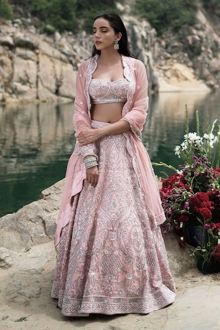 Shop_Rajbinder Chahal_Pink Blouse And Lehenga Dupion Silk Dupatta Net Square Embroidered Bridal Set _at_Aza_Fashions