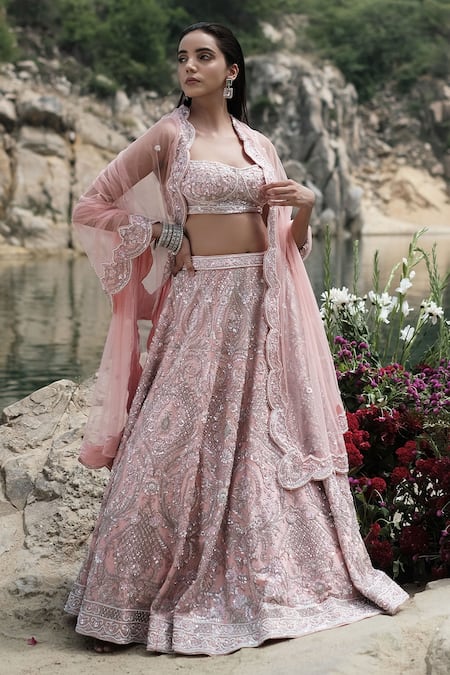 Rajbinder Chahal_Pink Blouse And Lehenga Dupion Silk Dupatta Net Square Embroidered Bridal Set _Online_at_Aza_Fashions