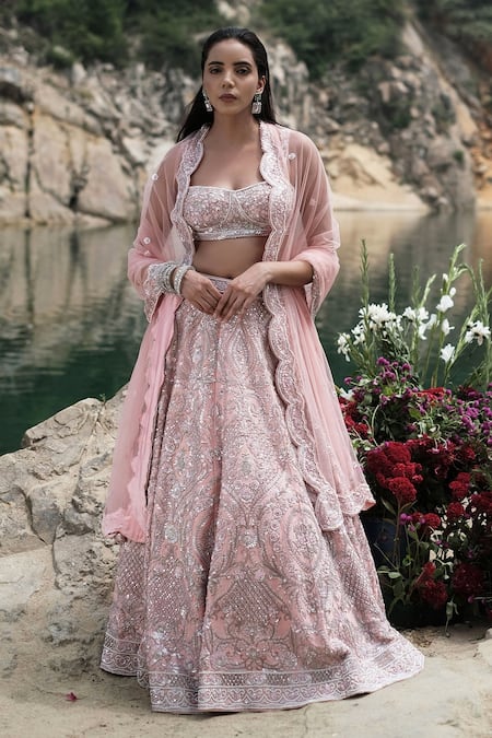 Buy_Rajbinder Chahal_Pink Blouse And Lehenga Dupion Silk Dupatta Net Square Embroidered Bridal Set _Online_at_Aza_Fashions
