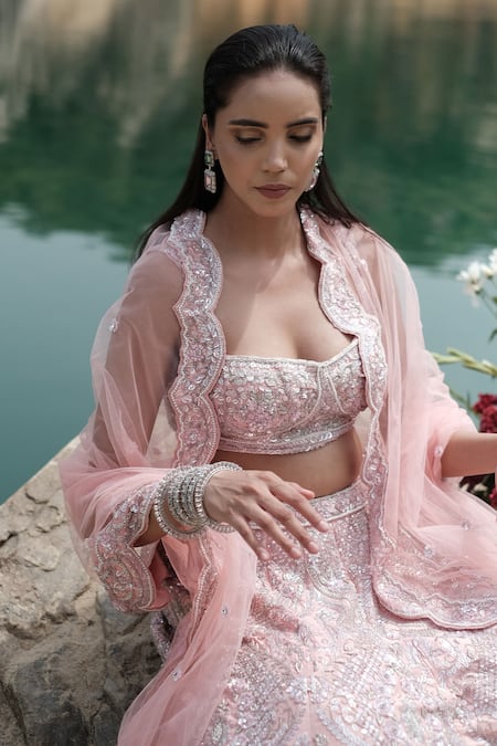 Rajbinder Chahal_Pink Blouse And Lehenga Dupion Silk Dupatta Net Square Embroidered Bridal Set _at_Aza_Fashions