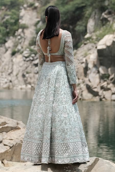 Shop_Rajbinder Chahal_Green Blouse And Lehenga Dupion Silk Dupatta Net Leaf Embroidered Bridal Set _at_Aza_Fashions