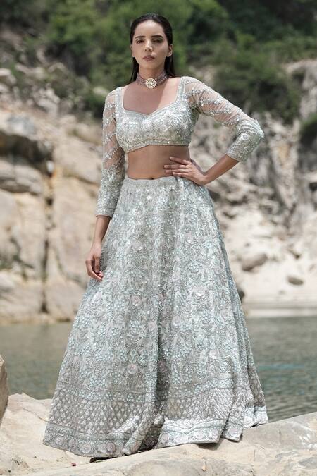 Rajbinder Chahal_Green Blouse And Lehenga Dupion Silk Dupatta Net Leaf Embroidered Bridal Set _Online_at_Aza_Fashions