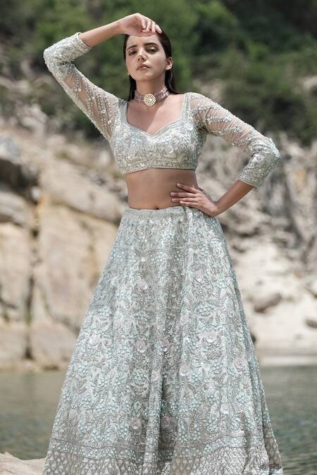 Shop_Rajbinder Chahal_Green Blouse And Lehenga Dupion Silk Dupatta Net Leaf Embroidered Bridal Set _Online_at_Aza_Fashions