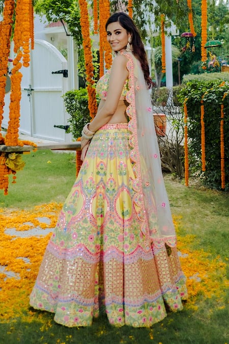 Shop Rajbinder Chahal Yellow Blouse And Lehenga Dupion Silk Dupatta Net Leaf Embroidered Bridal Set at Aza Fashions Shop_Rajbinder Chahal_Yellow Blouse And Lehenga Dupion Silk Dupatta Net Leaf Embroidered Bridal Set _at_Aza_Fashions
