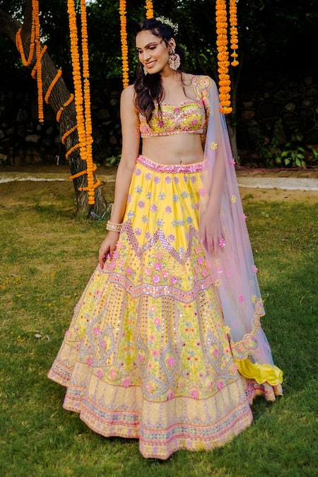 Embellished Pink and Yellow Lehenga Choli for Indian Wedding Wear – Nameera  by Farooq