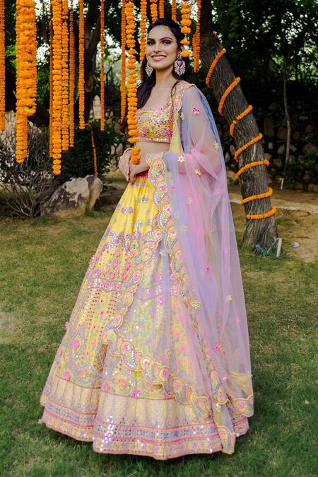 Buy Rajbinder Chahal Yellow Blouse And Lehenga Dupion Silk Dupatta Net Embroidered Bridal Set Online at Aza Fashions Buy_Rajbinder Chahal_Yellow Blouse And Lehenga Dupion Silk Dupatta Net Embroidered Bridal Set _Online_at_Aza_Fashions