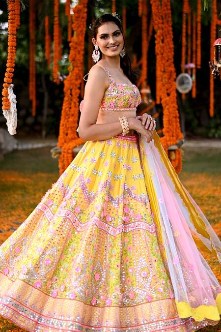 Shop Rajbinder Chahal Yellow Blouse And Lehenga Dupion Silk Dupatta Net Embroidered Bridal Set Online at Aza Fashions Shop_Rajbinder Chahal_Yellow Blouse And Lehenga Dupion Silk Dupatta Net Embroidered Bridal Set _Online_at_Aza_Fashions