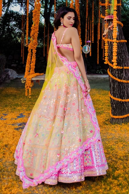 Shop Rajbinder Chahal Pink Blouse And Lehenga Dupion Silk Dupatta Net V Neck Embroidered Bridal Set at Aza Fashions Shop_Rajbinder Chahal_Pink Blouse And Lehenga Dupion Silk Dupatta Net V Neck Embroidered Bridal Set _at_Aza_Fashions